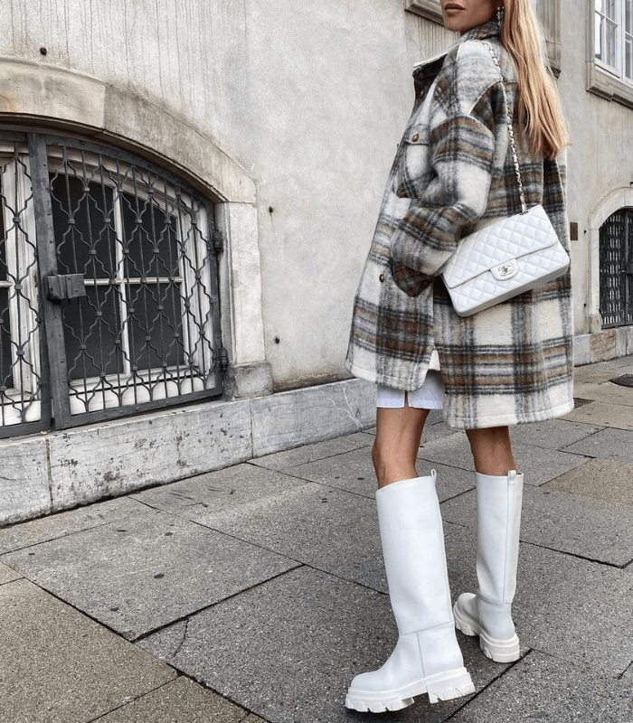 woman wearing Fall flannel coat with white handbag and boot