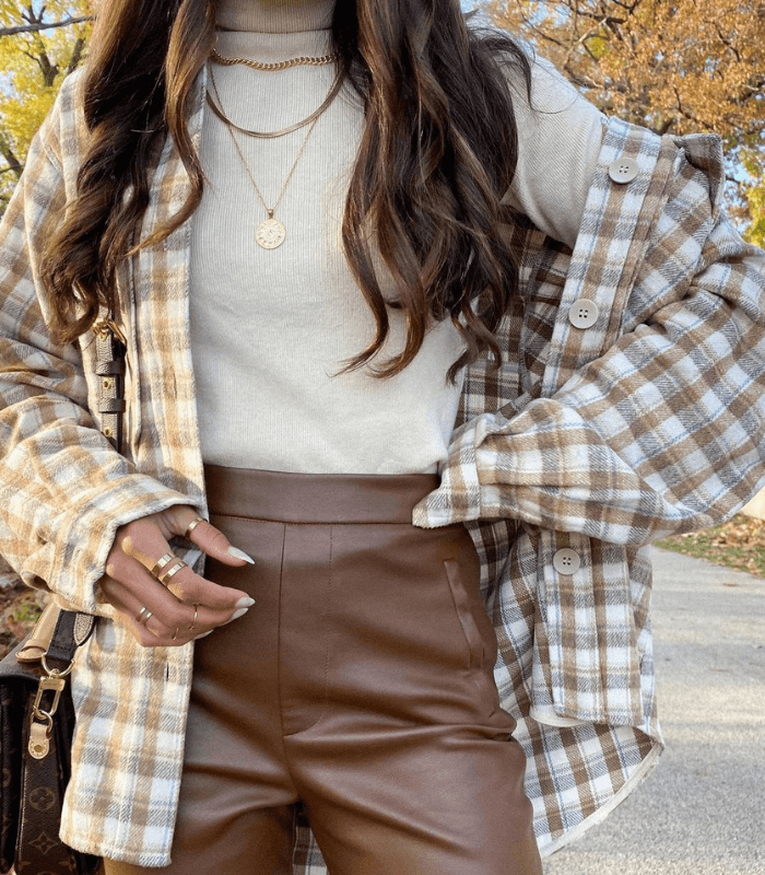 woman wearing a plaid details shirt for Fall fashion